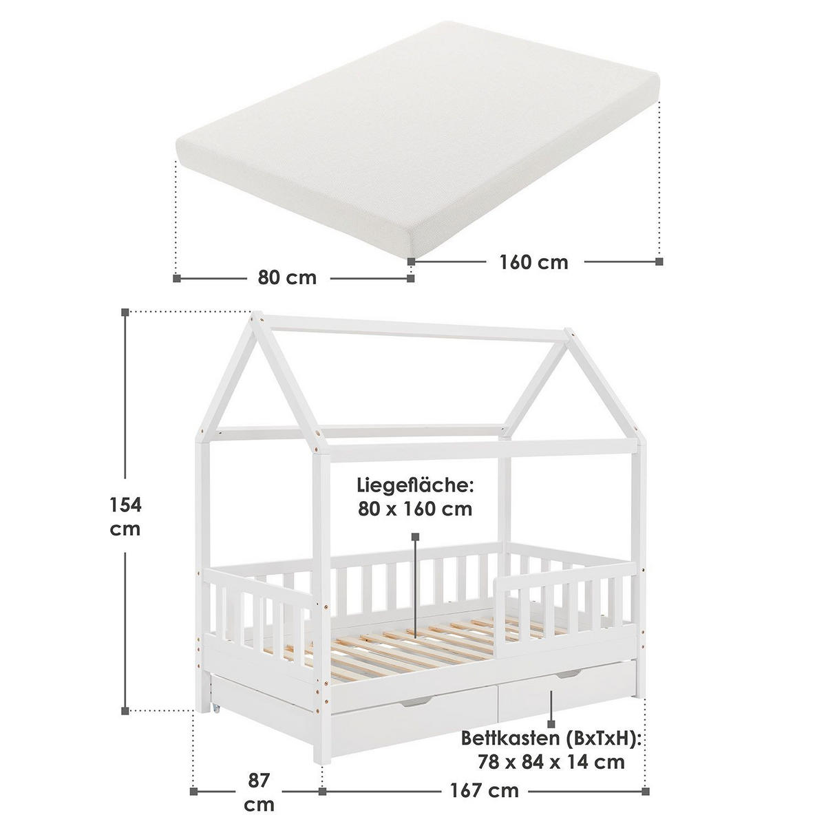 KINDERBETT Marli weiß 80x160 cm mit Bettkasten und Matratze - Weiß, Holz (80/160cm) - Juskys