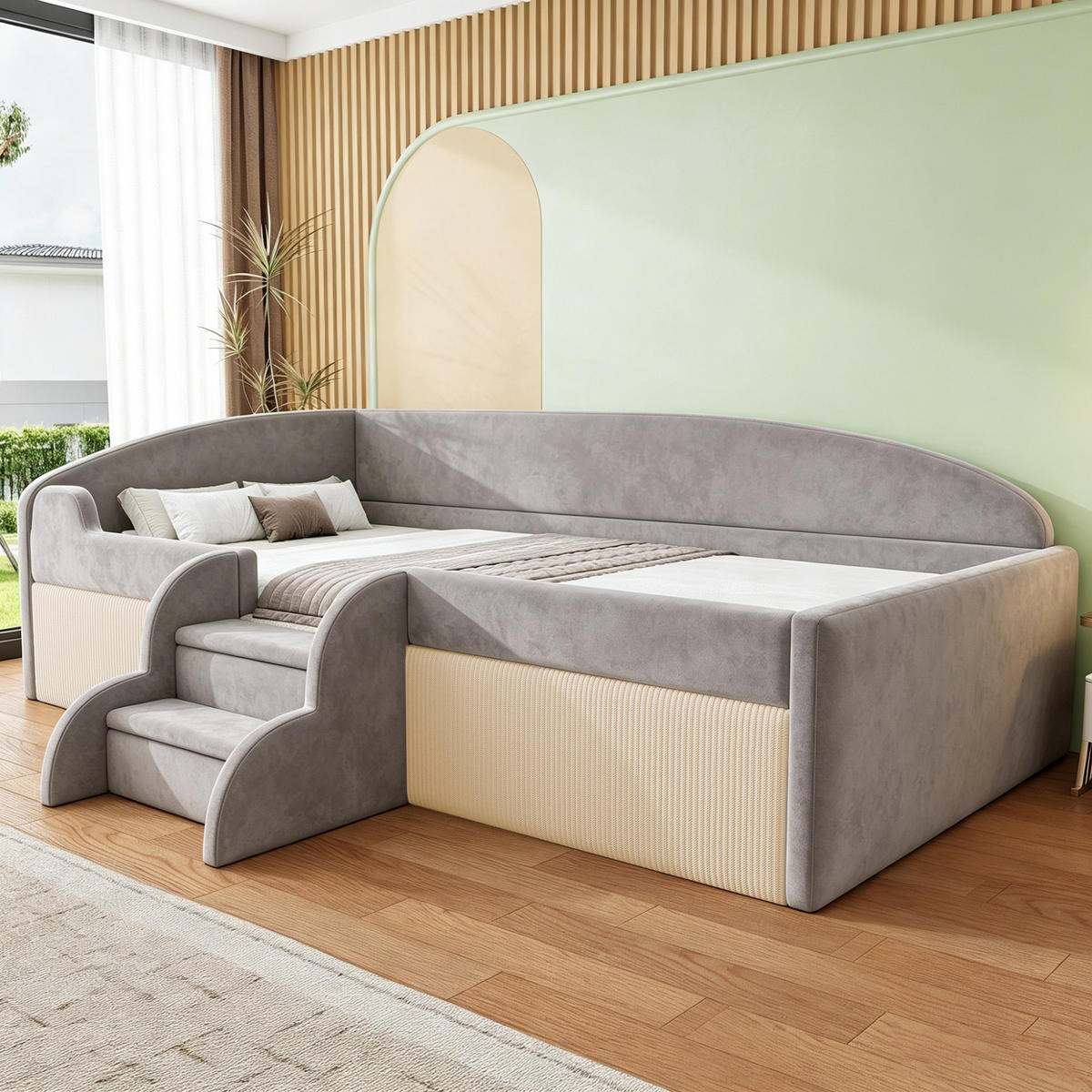 POLSTERBETT 90/190 cm in Grau mit Stufen, Schutzbügel und Lattenrost aus Samt im Farbblock-Design - Grau, Holzwerkstoff/Textil (90/190cm) - STILVORA