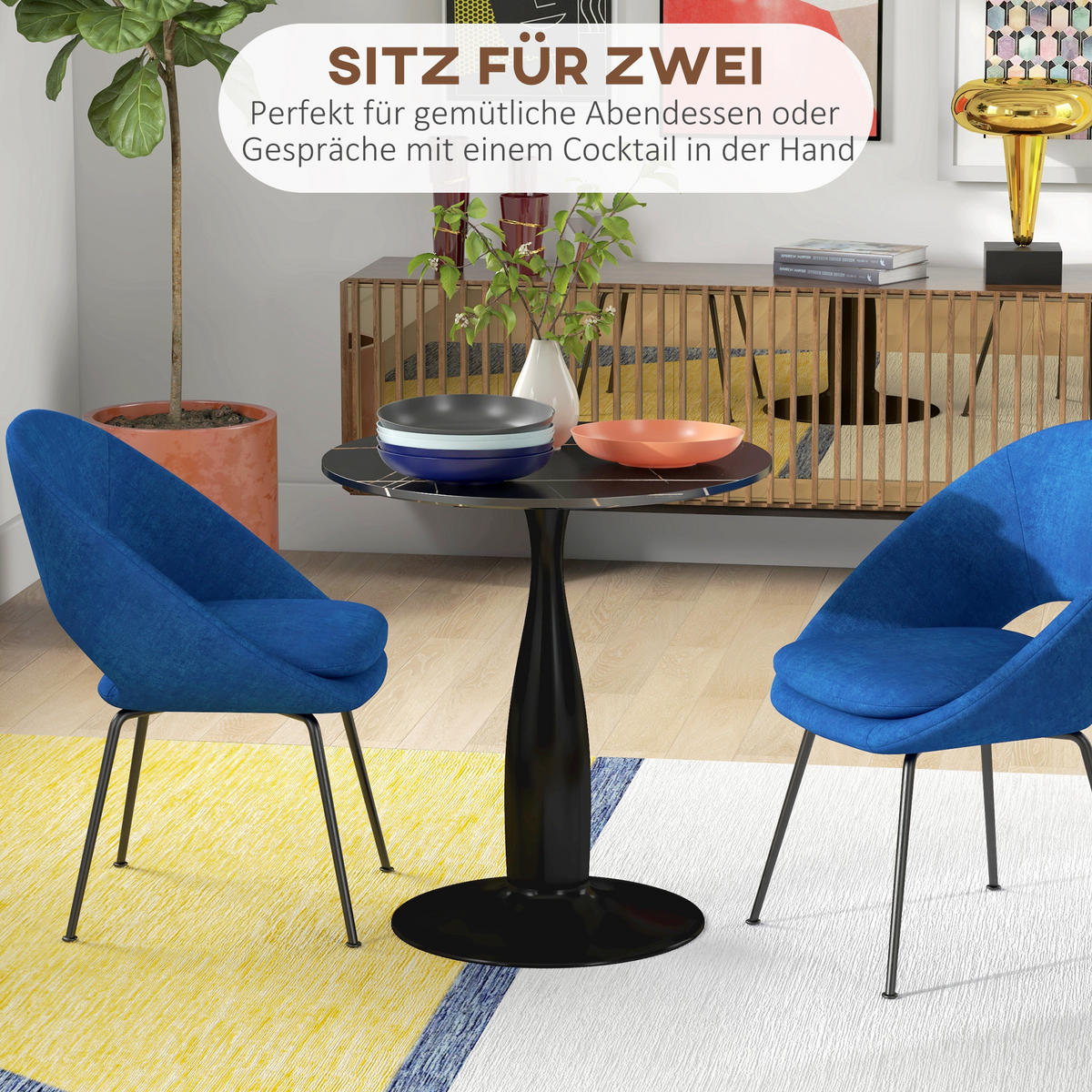 ESSTISCH, Runder Küchentisch, Moderner Esszimmertisch mit Stahlgestell Schwarz - Schwarz, Holzwerkstoff (70/70/74cm) - HOMCOM