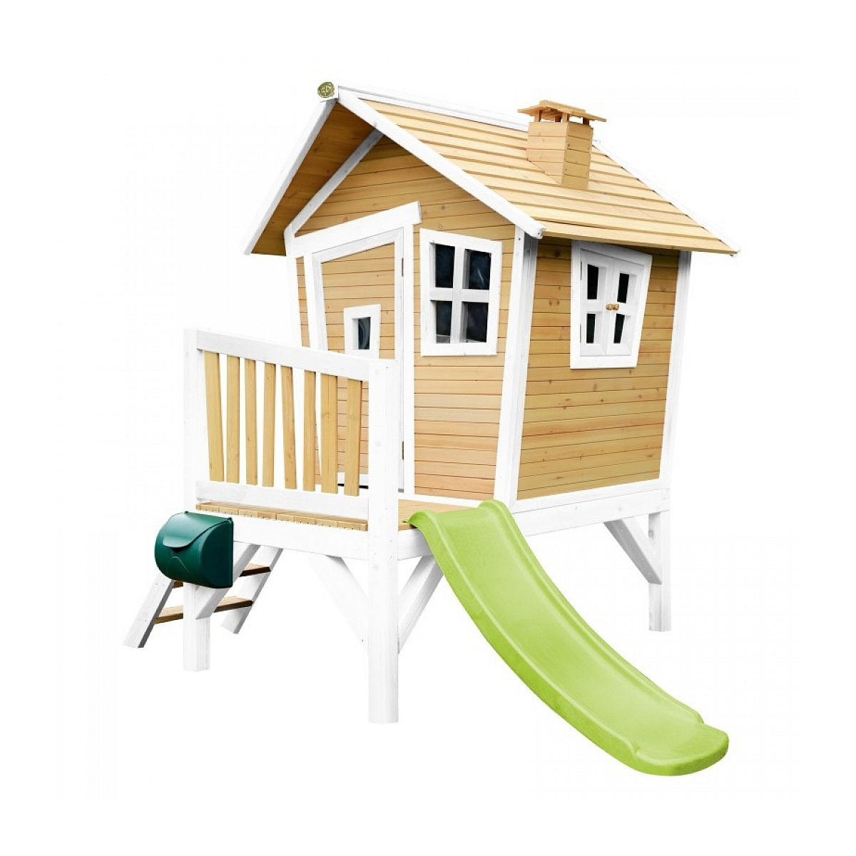 KINDERSPIELHAUS Robin Brown White mit lindgrüner Rutsche - Weiß, Holz (264/203/177cm) - Axi House