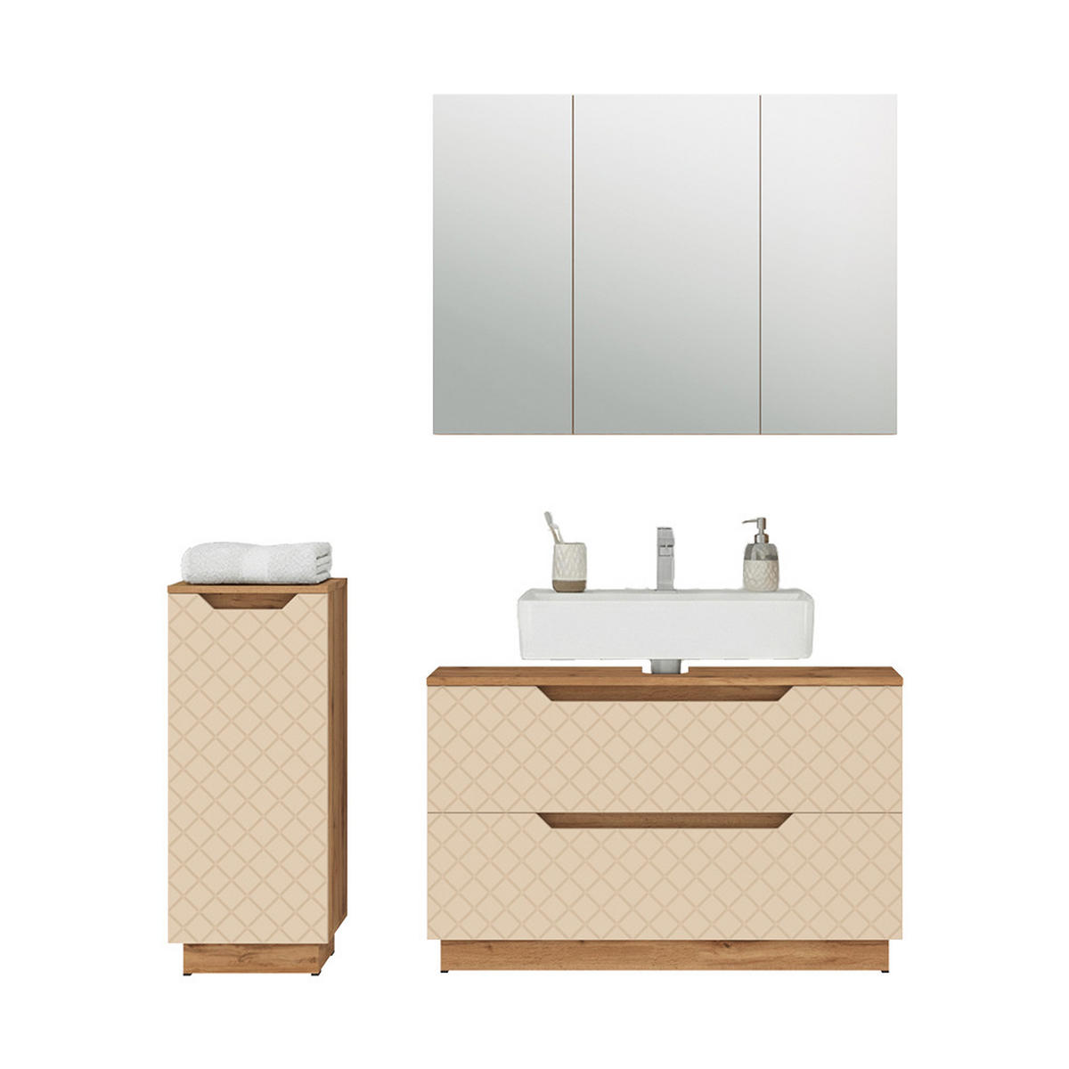 BADMÖBEL-SET Lotta Eiche/Kaschmir mit Kachelstruktur 3 Teile - Kaschmir/Eichefarben, Holzwerkstoff (99.4/62.5/32cm) - Vicco