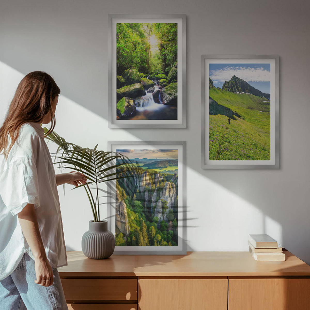 BILDER SET 3er Set - 40x60 cm Silberner Rahmen - Grüne Berge Wasserfallwald - Silberfarben, Kunststoff (40/60cm) - TULUP