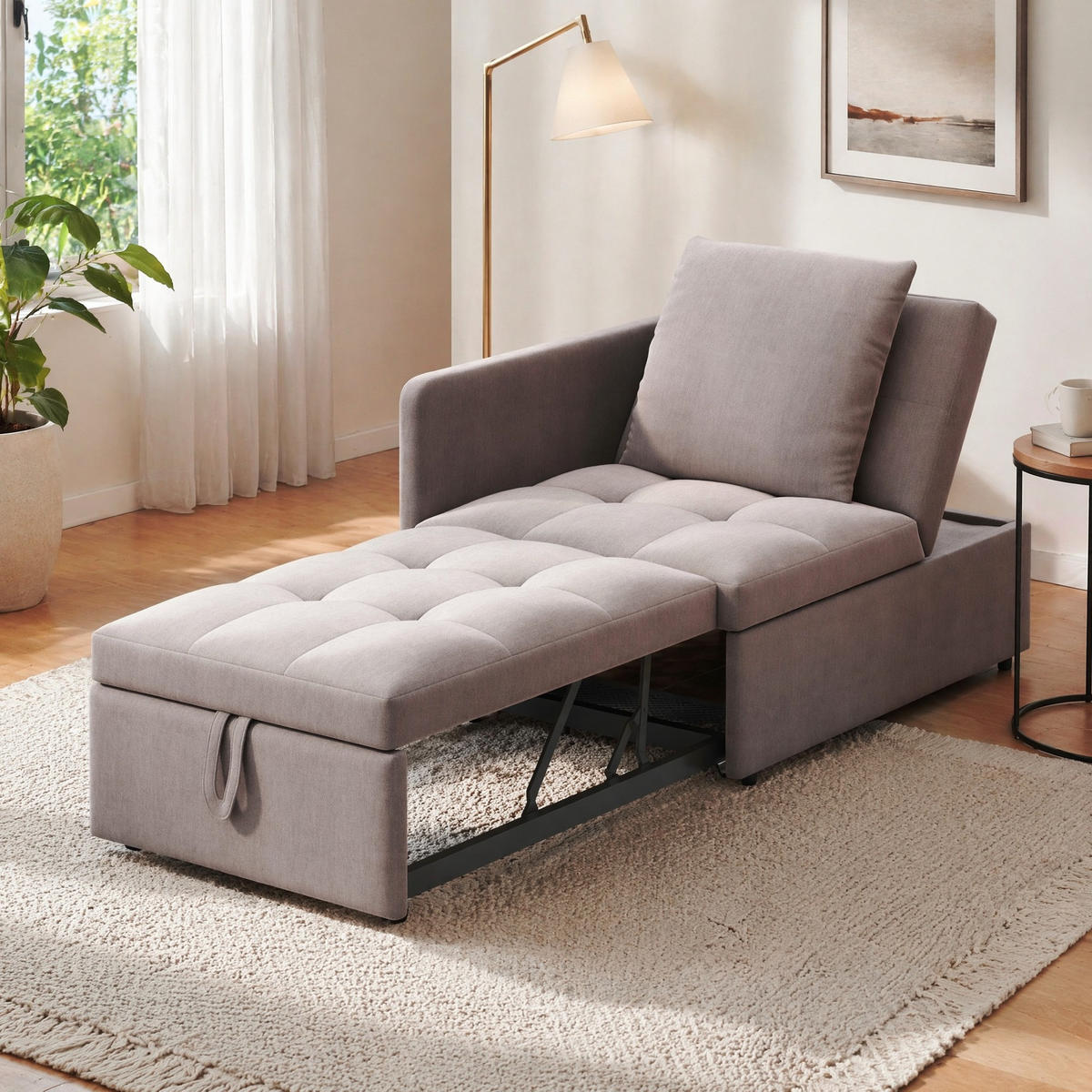 KLAPPBETT mit 3-in-1-Funktion und verstellbarer Rückenlehne - Graubraun, Holz/Textil - EVRYAE