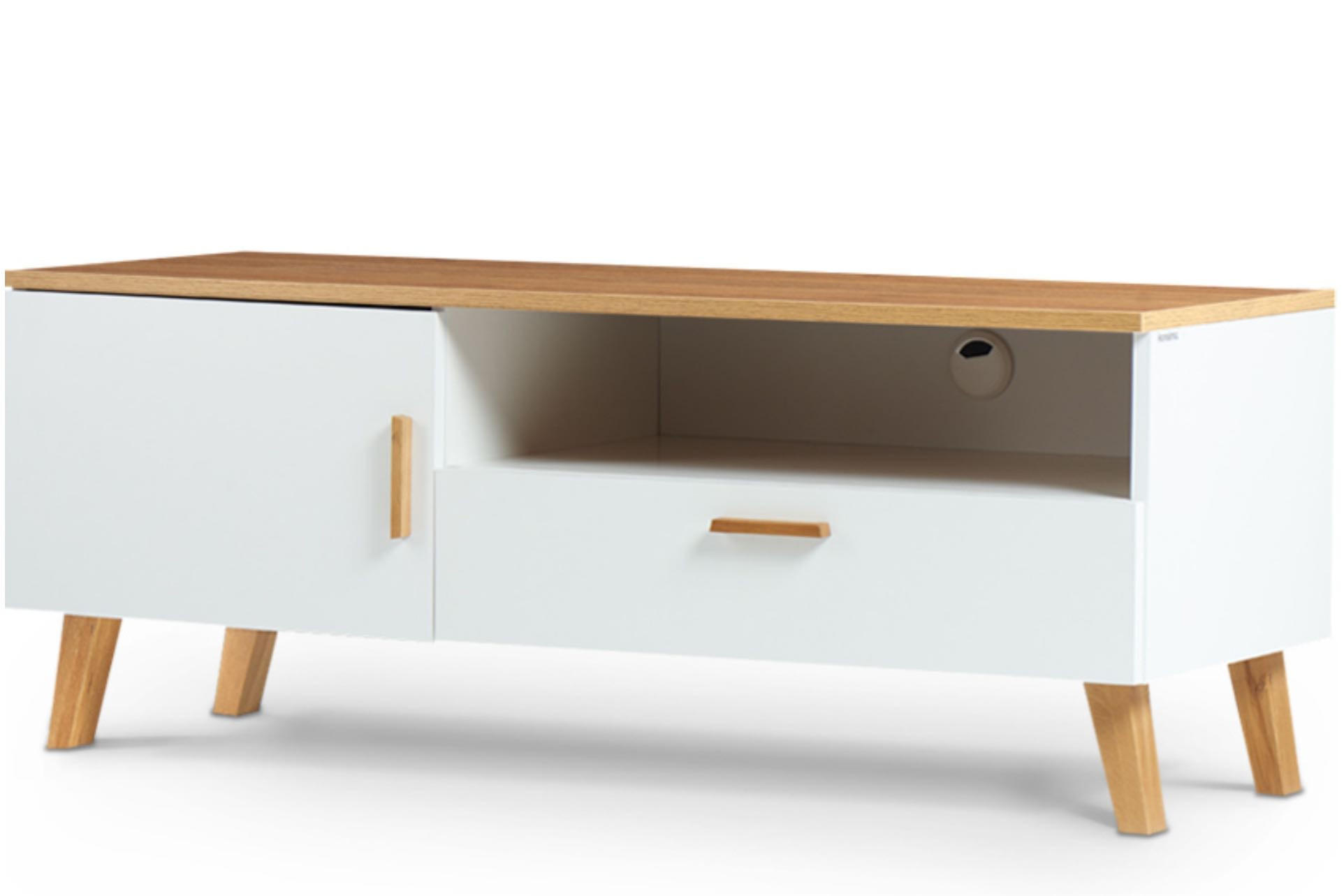 LOWBOARD FRISK TV-Schränke mit Schublade und Türe, weiß - Eichefarben/Weiß, Eichenholz/Holzwerkstoff (126/49/46cm) - KONSIMO®