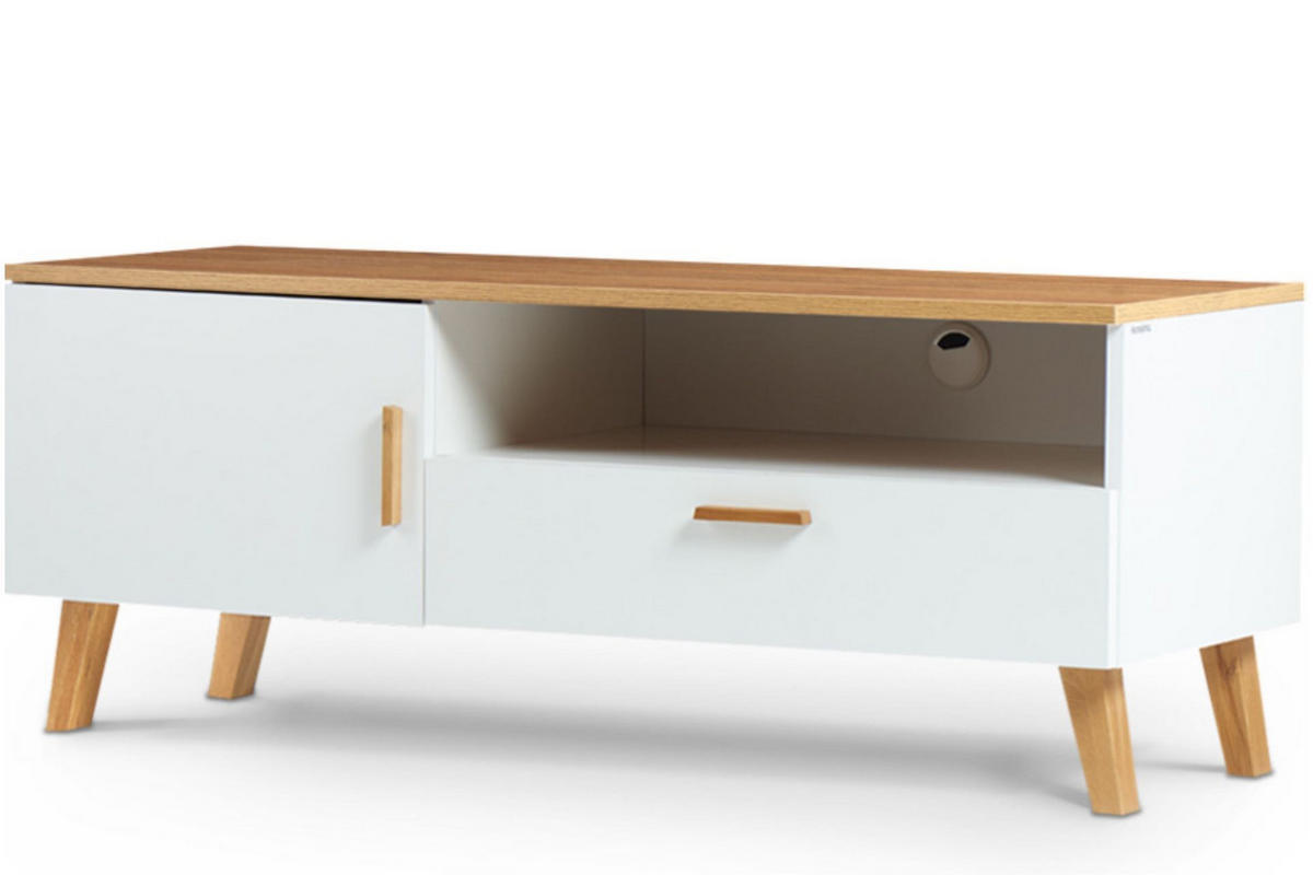 LOWBOARD FRISK TV-Schränke mit Schublade und Türe, weiß - Eichefarben/Weiß, Eichenholz/Holzwerkstoff (126/49/46cm) - KONSIMO®