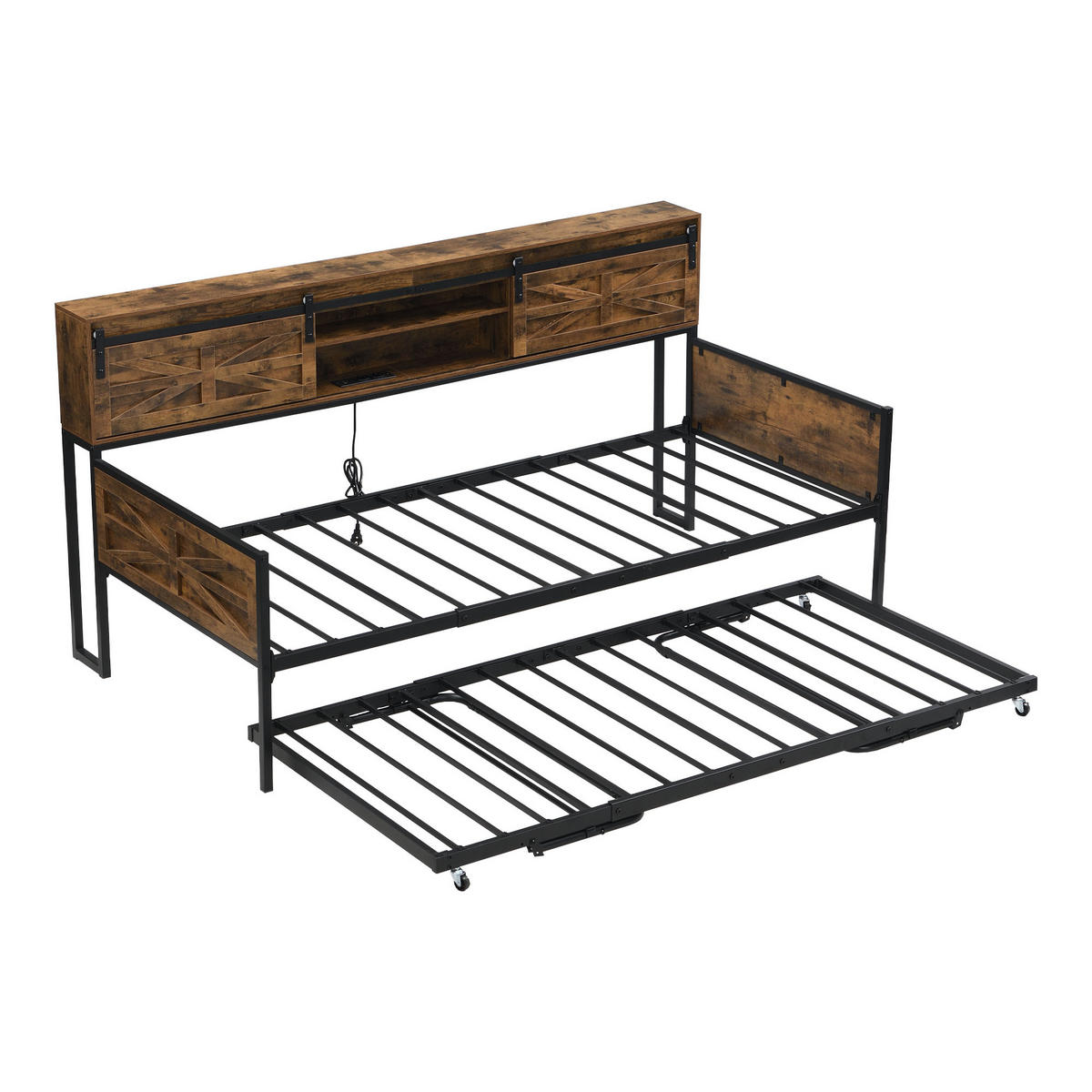 BETT Eisen 90/200 cm mit multifunktionalen Steckdosen und Stauraum Schwarz + Braun - Hellbraun, Holz (90/200cm) - OKWISH