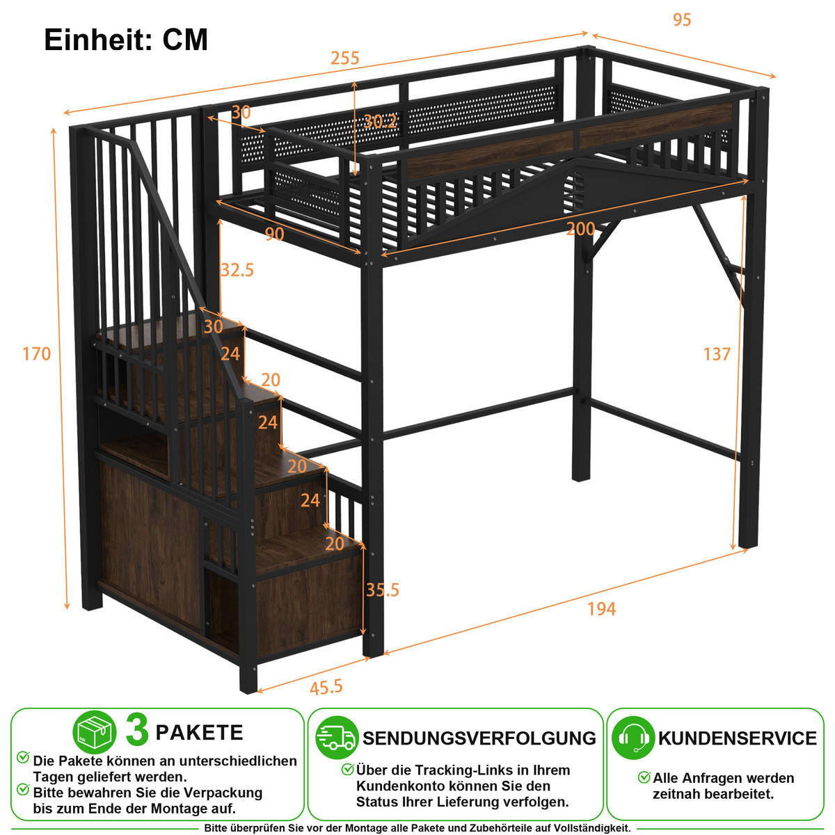 HOCHBETT 90/200 cm in Schwarz mit Treppe, Stauraum und Fensterdesign - Schwarz, Holzwerkstoff/Metall (90/200cm) - CHICFURN