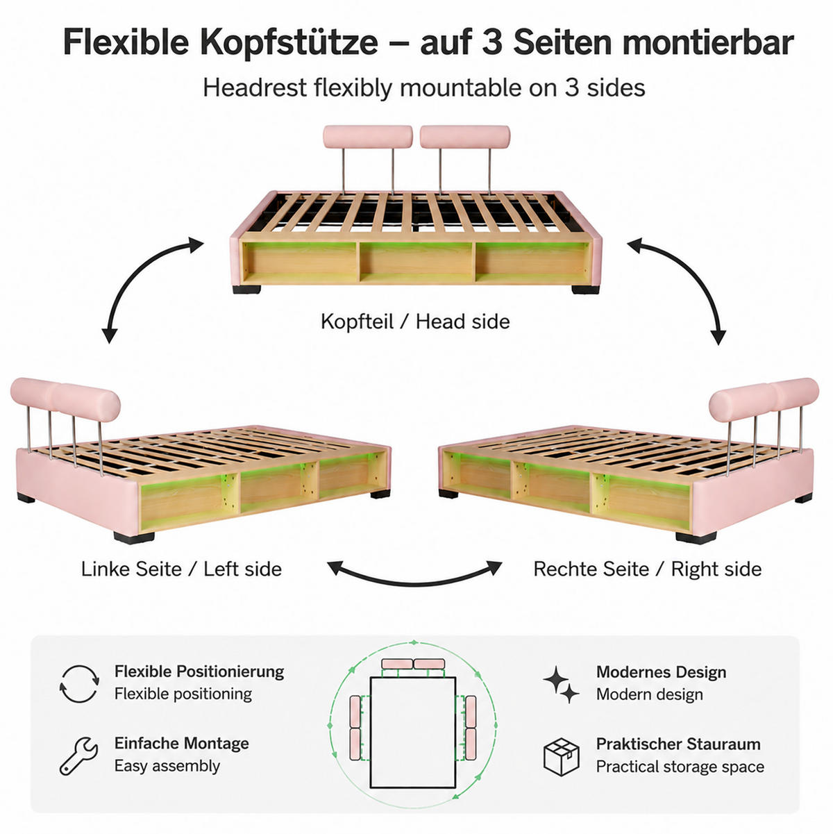 KINDER-POLSTERBETT 140x200 cm in Rosa mit LED-Seitenregal und offenem Stauraum - Pink, Textil (140/200cm) - IVMEU