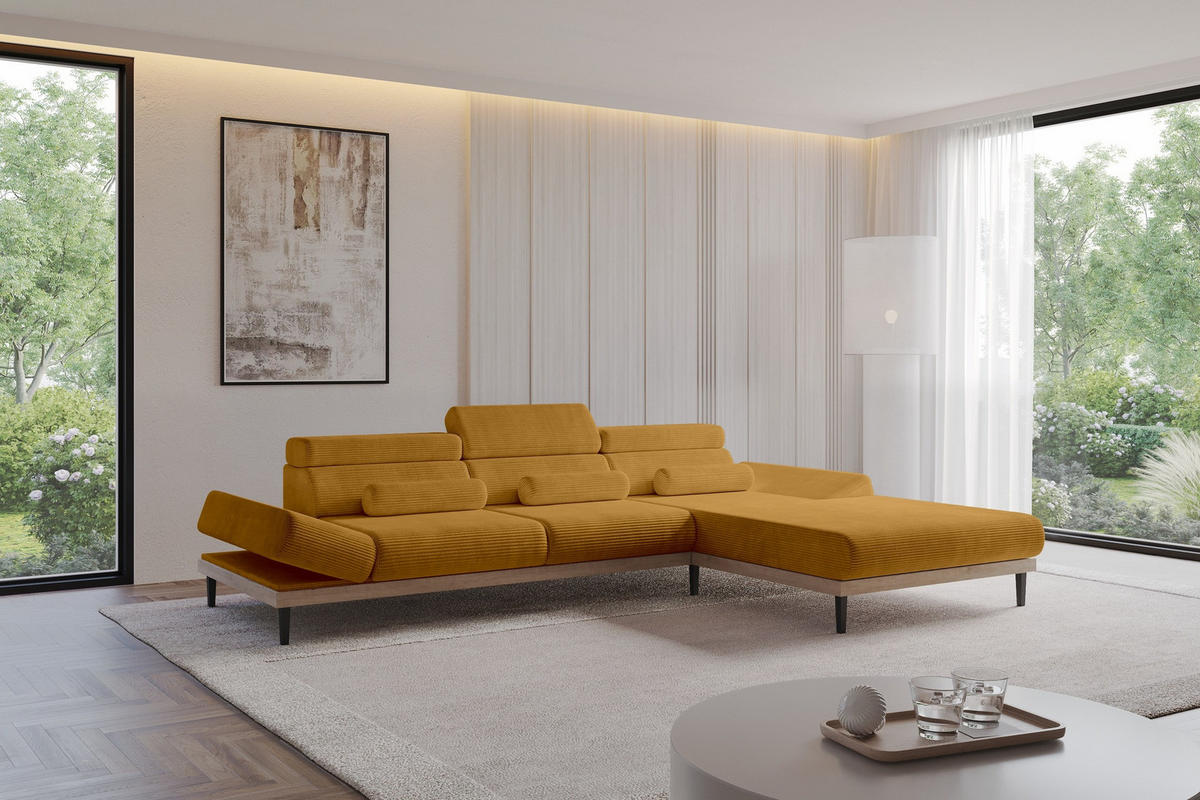 ELEKTRISCHES ECKSOFA Rechts MONA 316x205x85 Senfgelb Cord - Dunkelgelb, Holzwerkstoff/Textil (316/205cm) - ALTDECOR