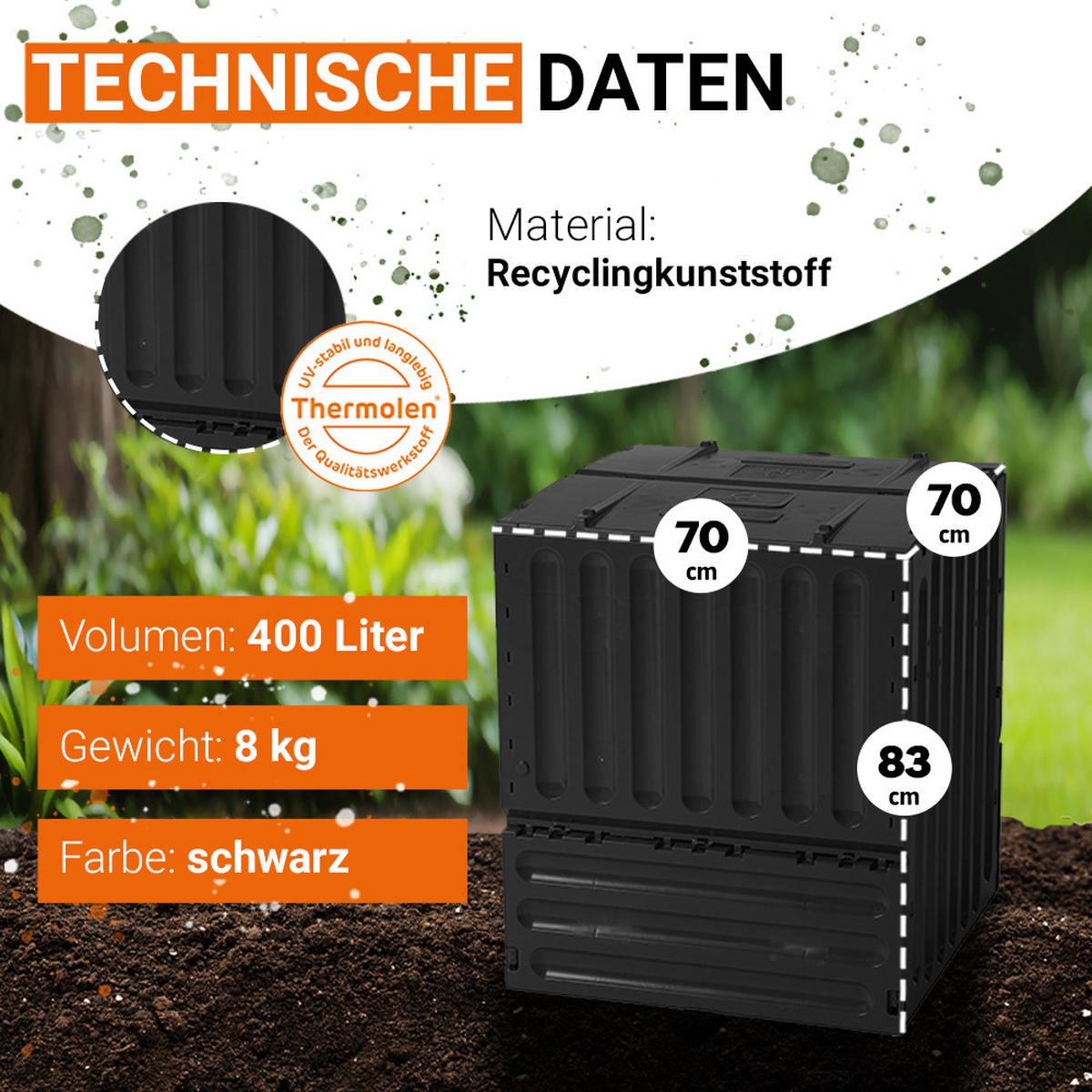 KOMPOSTER 400 L, schwarz schwarz - Schwarz, Kunststoff (70/83/70cm) - GARANTIA
