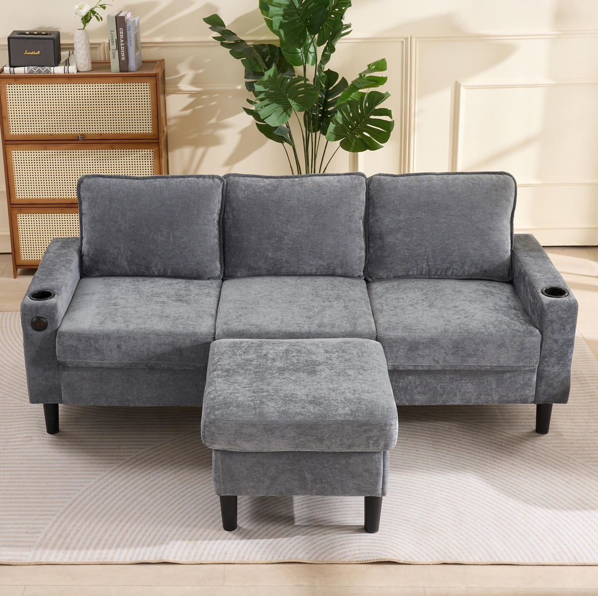 SOFA L-Form mit USB und Getränkehaltern 202 x 137 cm Leinen Grau - Grau, Textil (202/137cm) - IVMEU