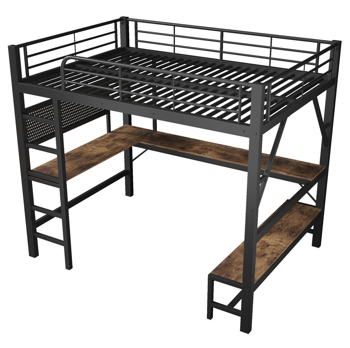 HOCHBETT aus Metall und MDF 160x200 cm Schwarz mit Schreibtisch, LED-Leiste und USB-Type-C-Anschluss - Schwarz, Metall (160/200cm) - Modfu