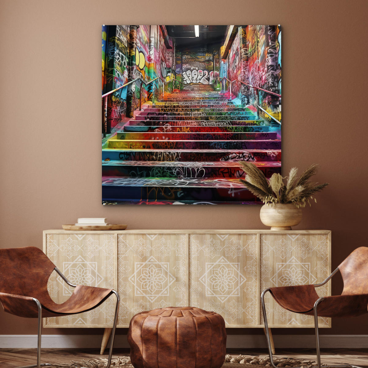 ACRYLGLASBILD Treppe - Graffiti - Farben - Kunst 90x90 cm - Multicolor, Glas (90/90cm) - MuchoWow