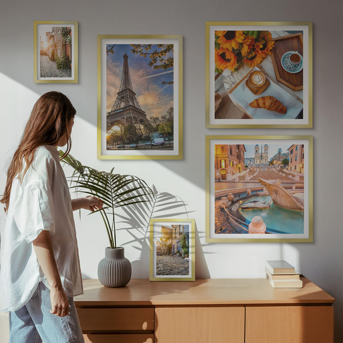 WANDBILDER 5er Set - 50x50 cm & 20x30 cm & 40x60 cm Goldrahmen - Charmante Straßen mit Kaffee - Goldfarben, Kunststoff (40/60cm) - ArtPrintCave