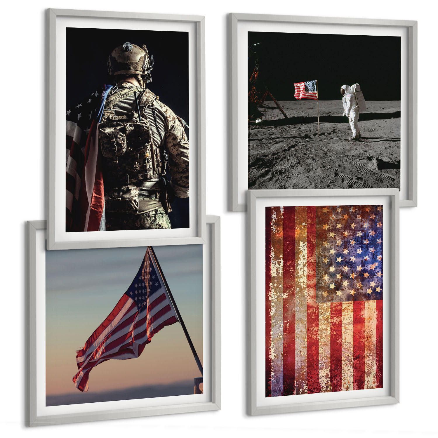 BILDER SET 4er Set - 50x50 cm & 40x60 cm Silberner Rahmen - Amerikanische Symbole, USA-Flagge - Silberfarben, Kunststoff (50/50cm) - TULUP