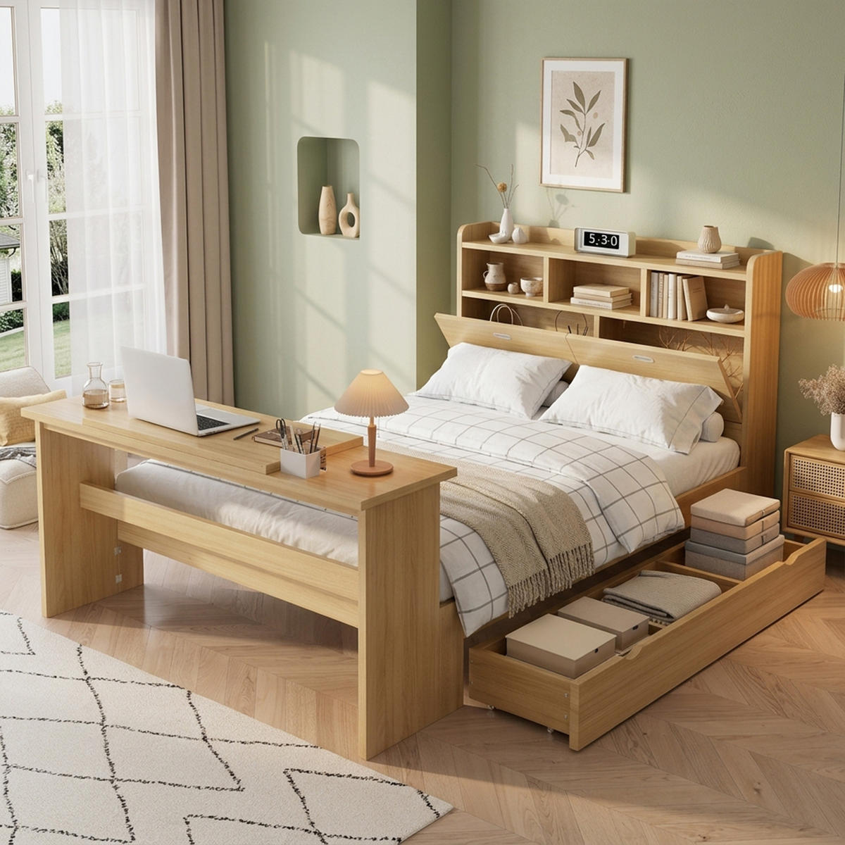 JUGENDBETT 140/200 cm in Naturfarben mit Stauraum, Kopfteilregal und Klapptisch aus Holz - Naturfarben, Holzwerkstoff - STILVORA