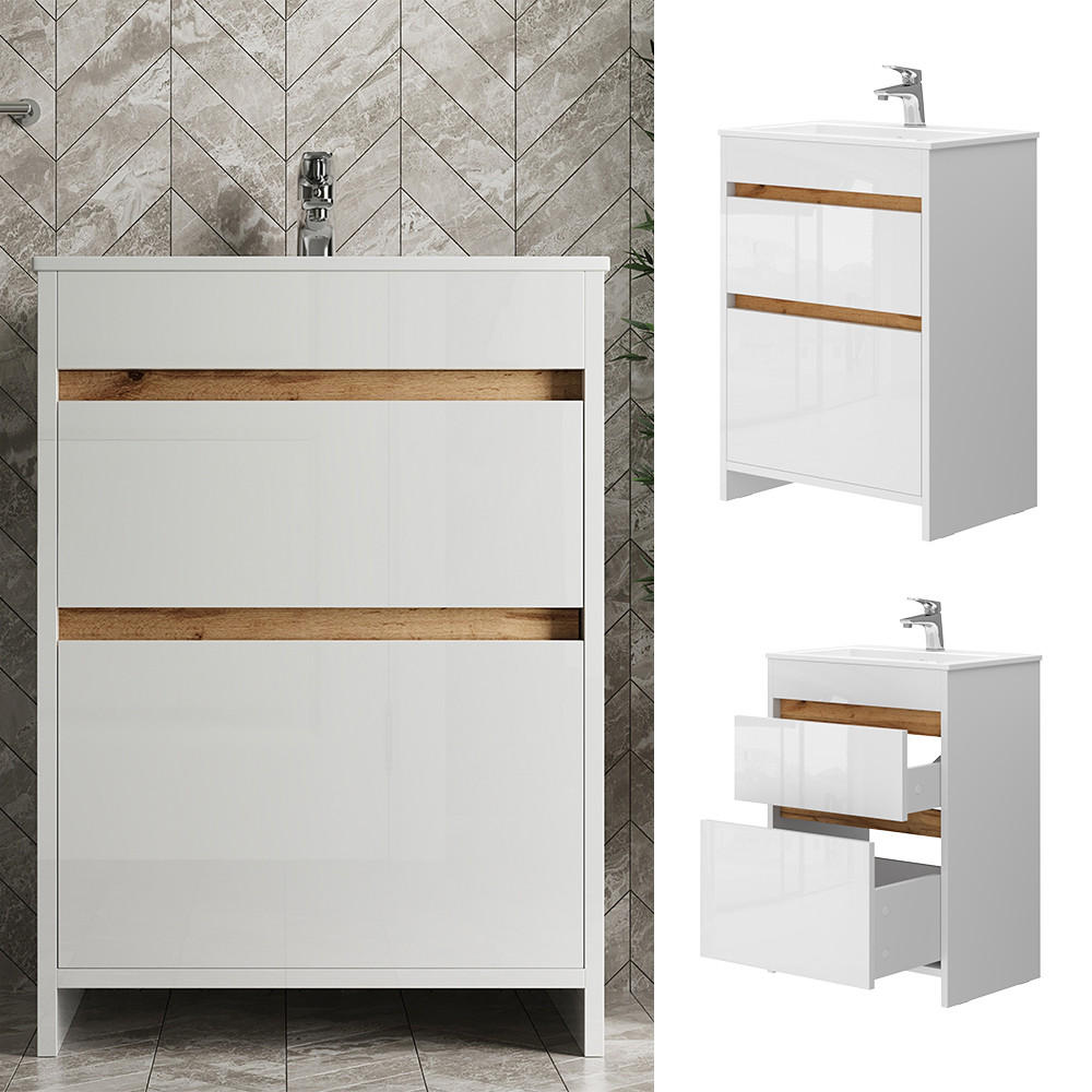 WASCHTISCHKOMBI Detmold, Weiß, 2 Teile, Unterschrank 60 cm - Weiß Hochglanz/Eiche Wotan, Holzwerkstoff (59.6/81.9/40cm) - Vicco