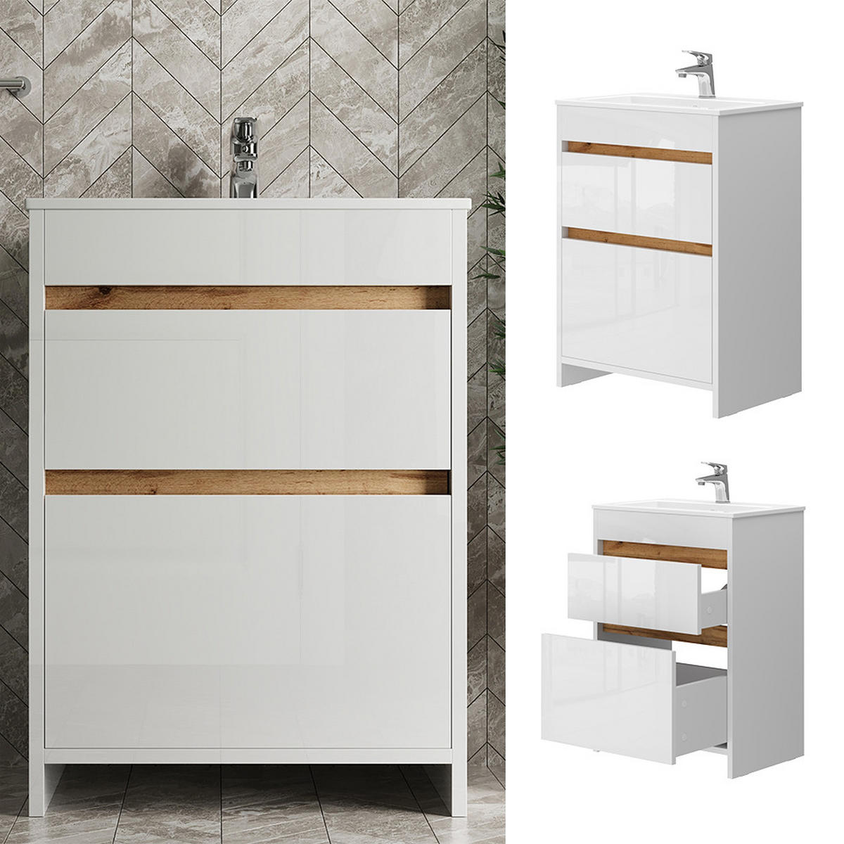 WASCHTISCHKOMBI Detmold, Weiß, 2 Teile, Unterschrank 60 cm - Weiß Hochglanz/Eiche Wotan, Holzwerkstoff (59.6/81.9/40cm) - Vicco