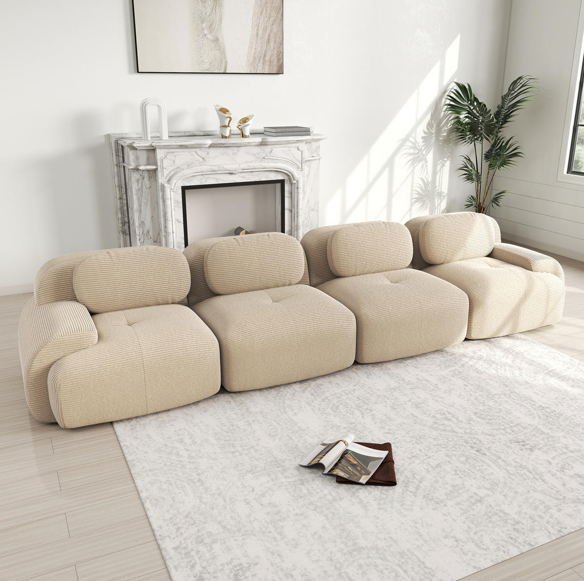 SOFA 388/103/70 cm in Beige aus Cord mit modularer Form und ohne Montage - Beige, Textil (103/70/388cm) - Flora Grace