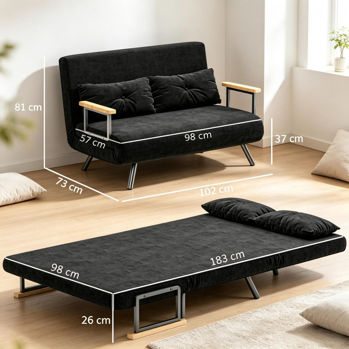 SCHLAFSOFA 4-in-1 2-Sitzer, DE-42186, Schwarz - Schwarz, Metall (73/81/102cm) - ComfortXL