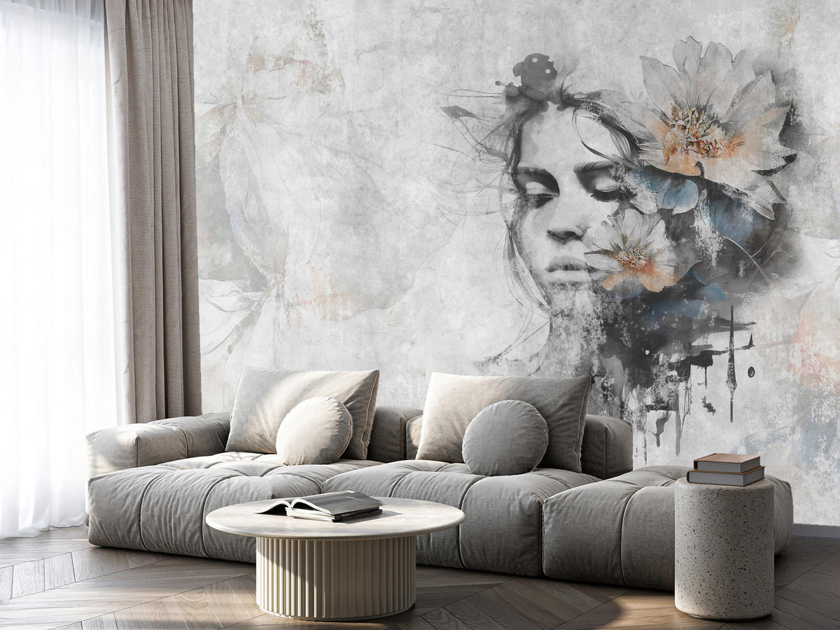 FOTOTAPETE für Wohnzimmer Gesicht Frau Grau Betonwand Blumen 250x175 - Grau, Papier (250/175cm) - Muralo