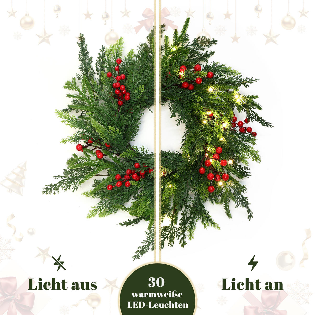 WEIHNACHTSKRANZ mit 25 LEDs & Timer - Smaragdgrün, Naturmaterialien (40cm) - Hometopia