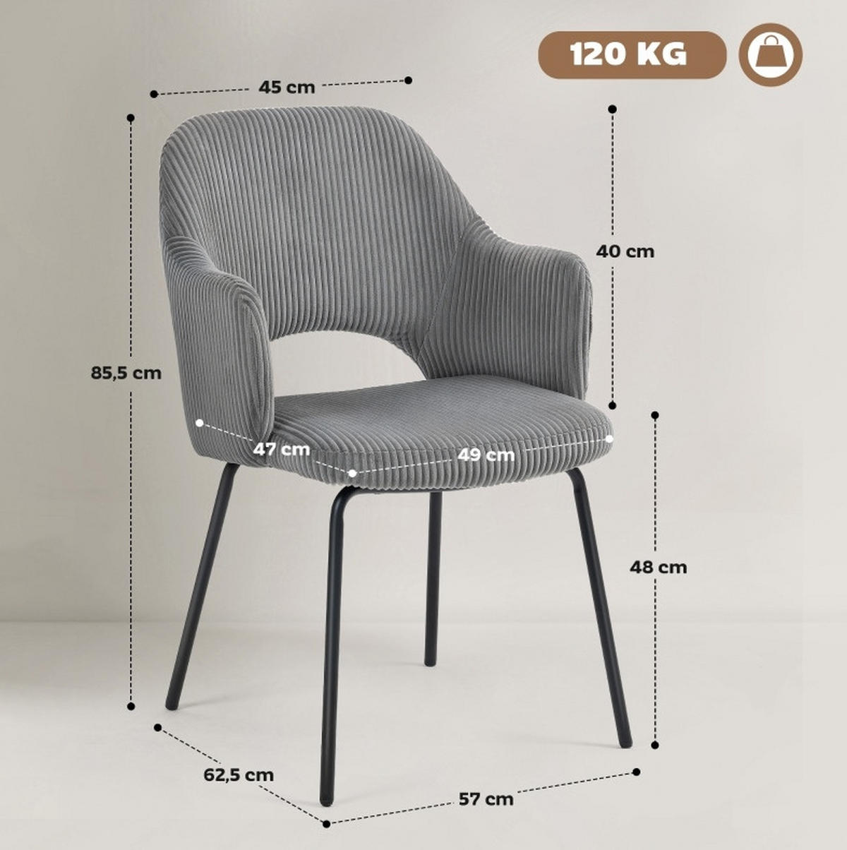 ARMLEHNENSTUHL 62/57/85 cm grau aus Cord mit Armlehnen und Stahlbeinen - Grau, Holzwerkstoff (57/85.5/62.5cm) - OKWISH