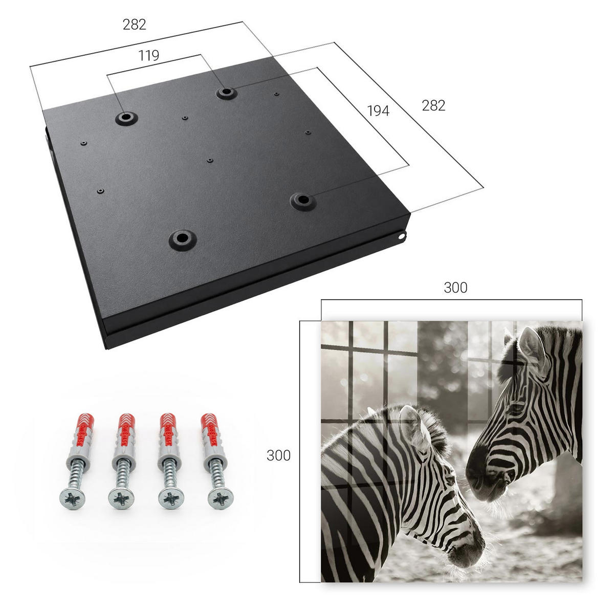 SCHLÜSSELBOX Schwarz 30x30 cm- Türöffnung nach rechts - Zebras zusammen - Multicolor, Metall (30/30/5cm) - TULUP