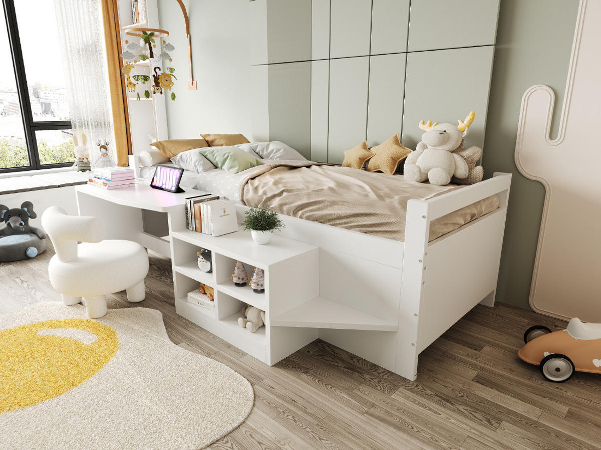 BETT 90/200 cm Weiß aus Kiefernholz und Holzwerkstoff mit Schreibtisch und Stauraum - Weiß, Holz (90/200cm) - OKMYHOME