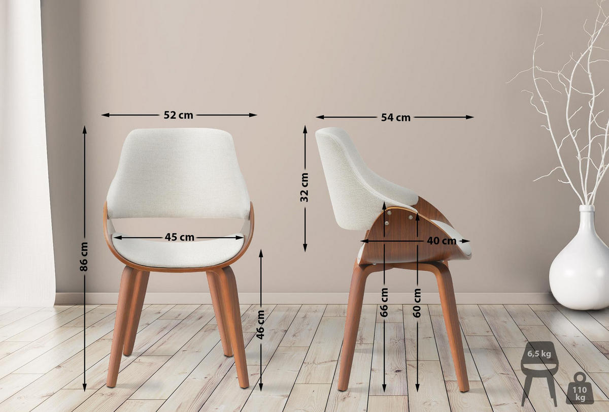 ESSZIMMERSTUHL Stoff walnuss/creme - Walnussfarben/Creme, Holz/Textil (52/86/54cm) - CLP