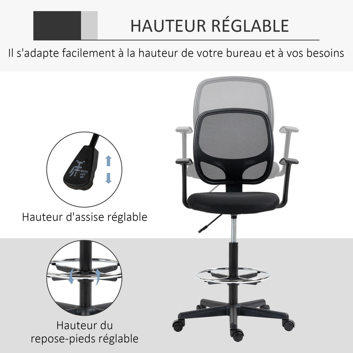 BÜROHOCKER DE-11790 60x56x110-132 cm Schwarz - Schwarz, Metall (56/132/60cm) - ComfortXL