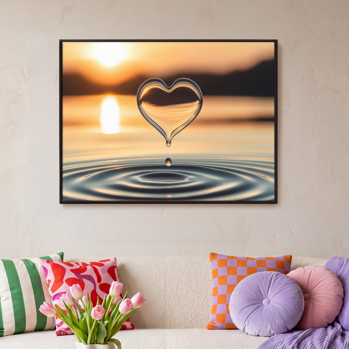 LEINWAND Bilder mit Rahmen - Herz - Wasser - Sonnenuntergang - Natur - Zen - 100x70 - Bernsteinfarben, Textil (100/70cm) - MuchoWow