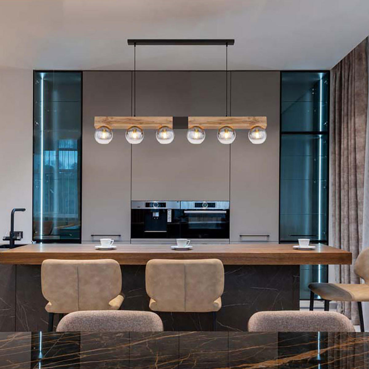 HÄNGELEUCHTE Holzoptik Braun Metall Schwarz - Braun, Glas (140/15/120cm) - Globo Lighting