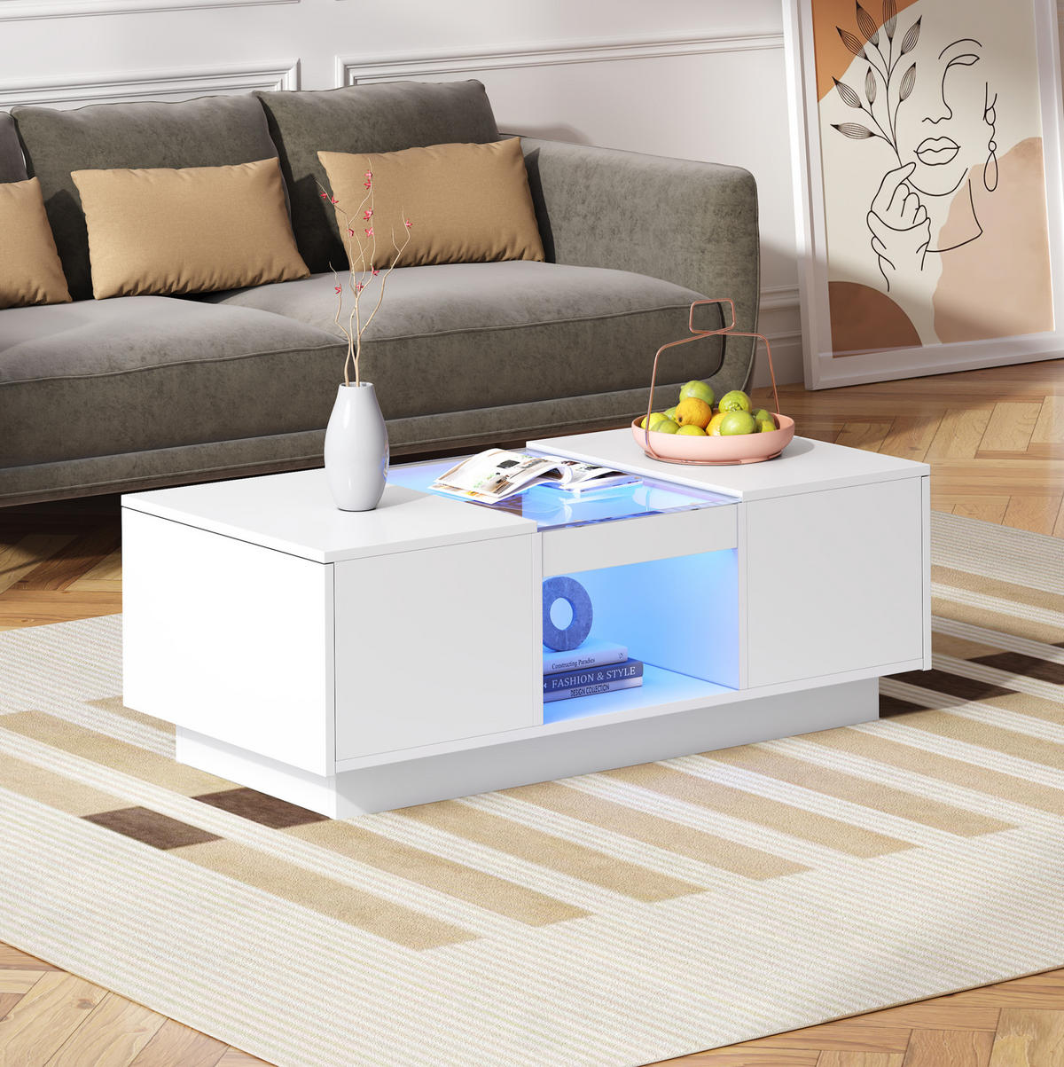 COUCHTISCH 100/50/35,5 cm mit LED-Beleuchtung, App-Steuerung, Glasplatte und 2 Schubladen, Weiß - Weiß, Holzwerkstoff (100/50/35.5cm) - Redom