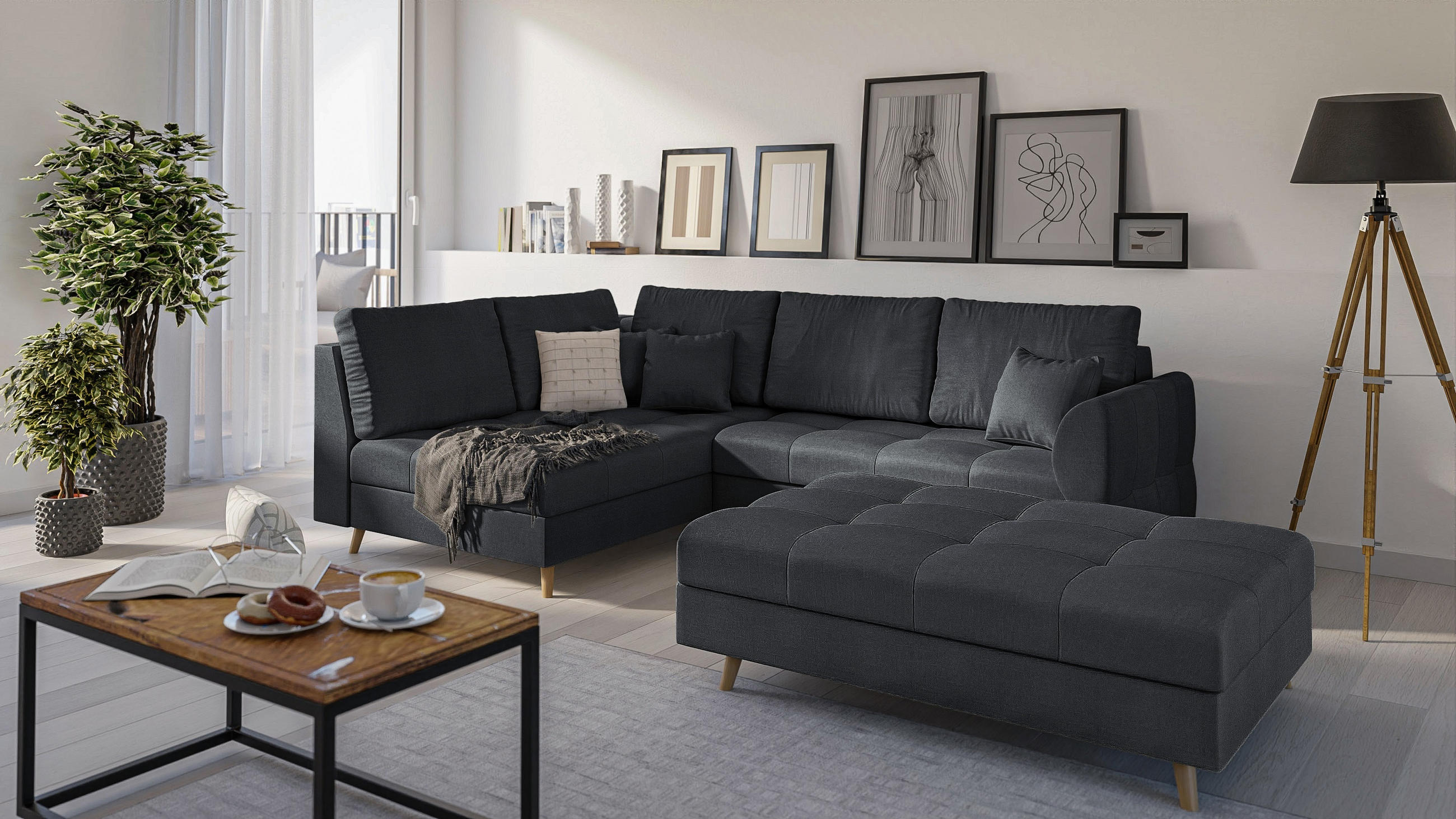 Thumbnail - S-Style Möbel Ecksofa, Anthrazit, Textil, Echtholz,Buche, 5-Sitzer, Füllung: Silikon,Silikon,Komfortschaum, L-Form,L-For...