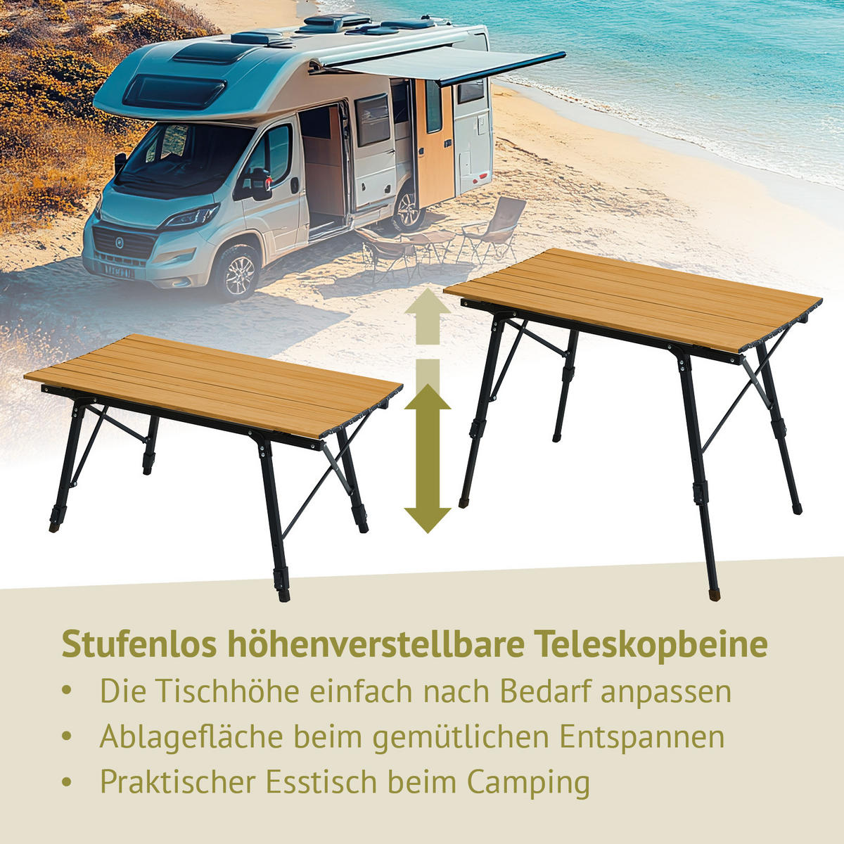 CAMPINGTISCH Höhenverstellbar Holzoptik - Naturfarben, Metall (51.5/90/68cm) - JAWINIO