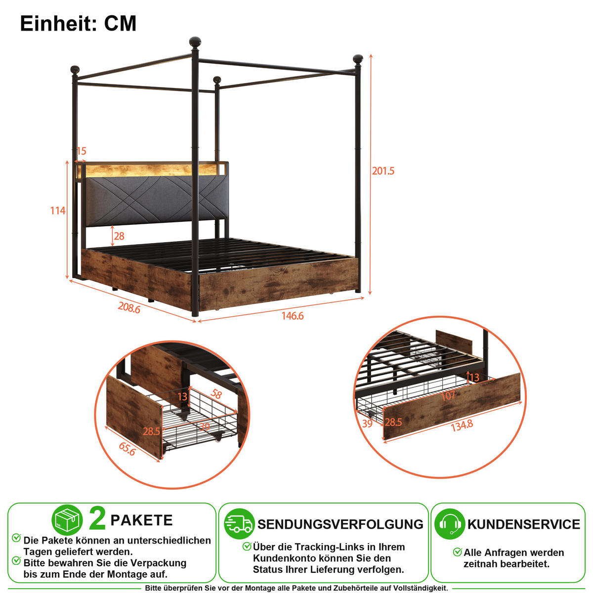 METALLBETT 140/190 cm in Schwarz mit 3 Schubladen, LED und USB - Schwarz, Holzwerkstoff/Metall (140/190cm) - CHICFURN