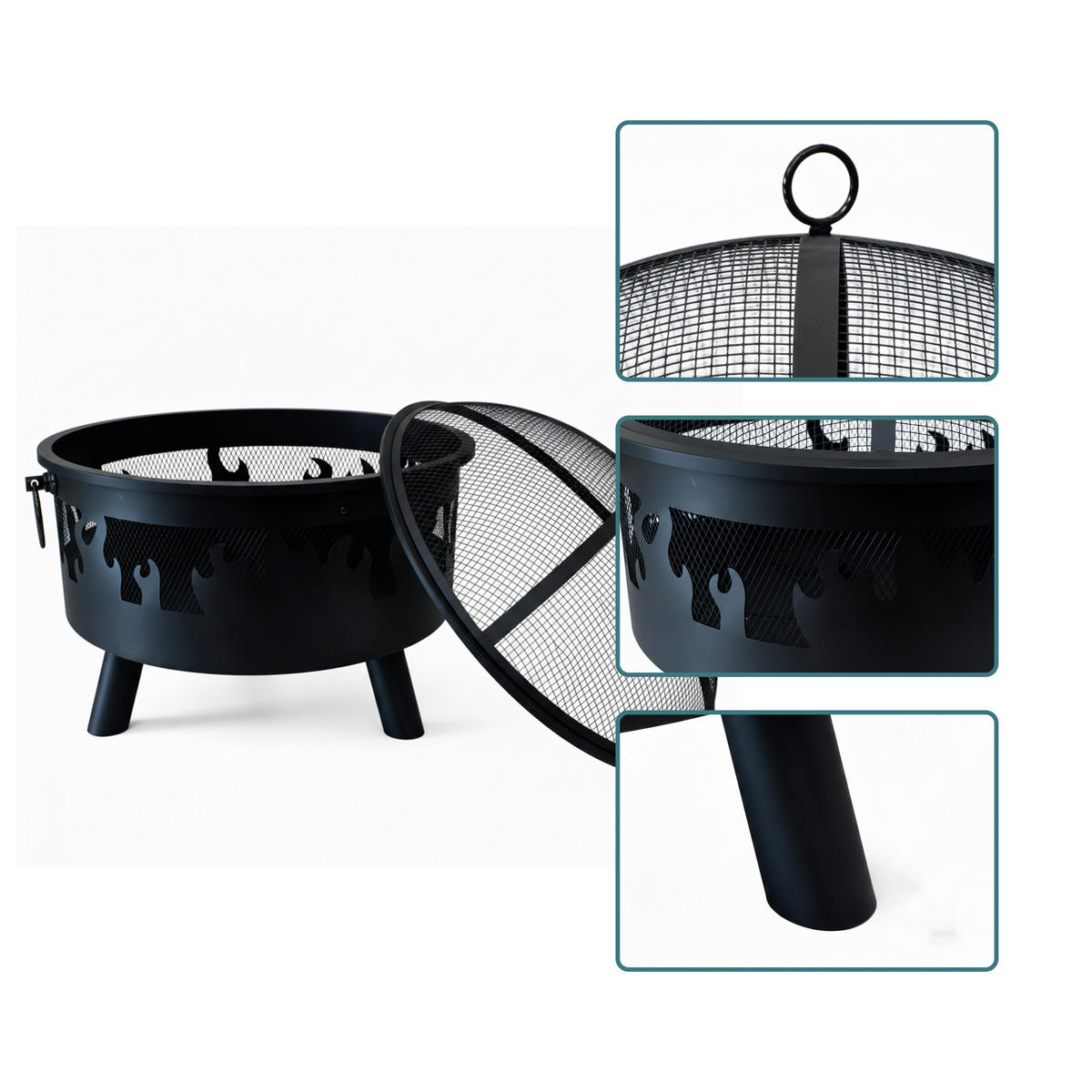 FEUERSCHALE Schwarz Stahl mit Funkenschutz 62x66 cm - Schwarz, Metall (66/62/66cm) - Relaxdays