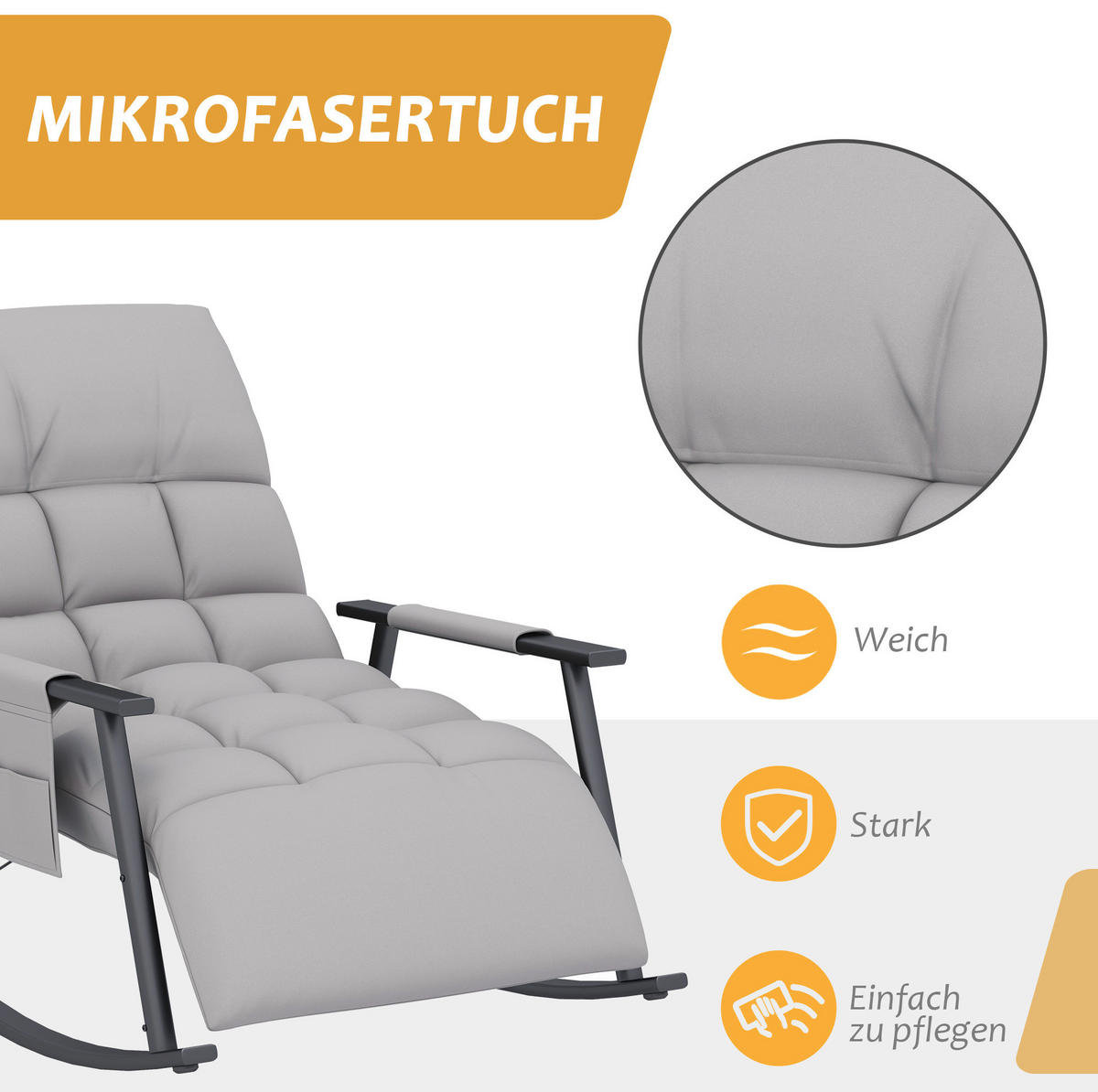 RELAX-SCHAUKELSTUHL 60/134/70 cm mit Mikrofaserbezug und verstellbarer Rückenlehne - Grau, Textil (134/70/60cm) - BEAOK