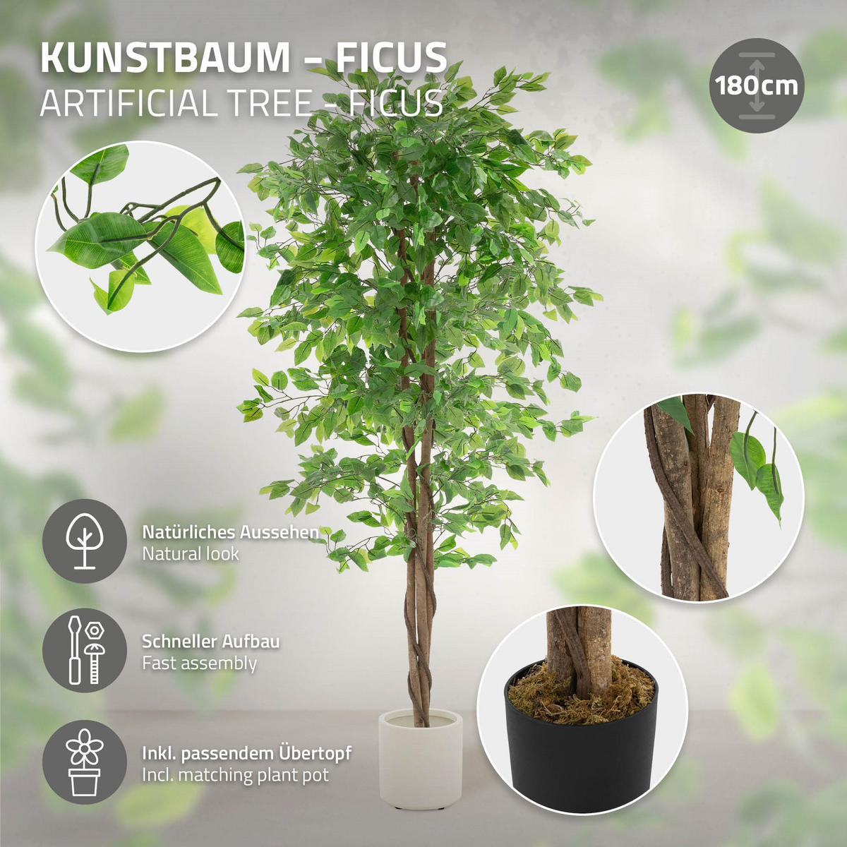 UMĚLÁ ROSTLINA Ficus 180 cm s kmenem z přírodního dřeva pro vnitřní i venkovní použití - černá/zelená barva, textil/plast (180cm) - ML-DESIGN