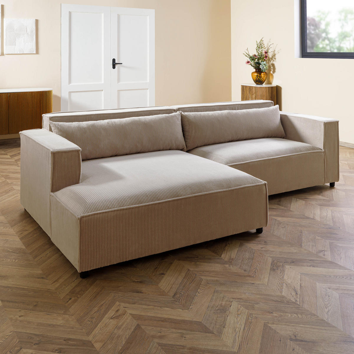 ECKSOFA Ottomane links Cord Velours 266x150x80 beige FINN - Beige, Kunststoff (150/266cm) - Massivmoebel24