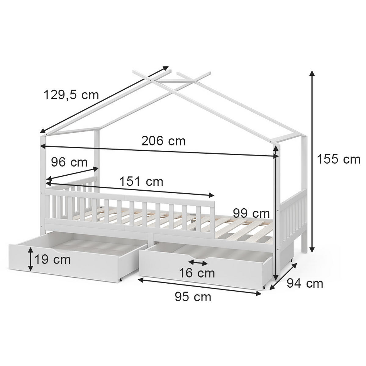 HAUSBETT Franka Weiß 90x200 cm mit 2 Schubladen und Matratze - Weiß, Holzwerkstoff (90/200cm) - VitaliSpa