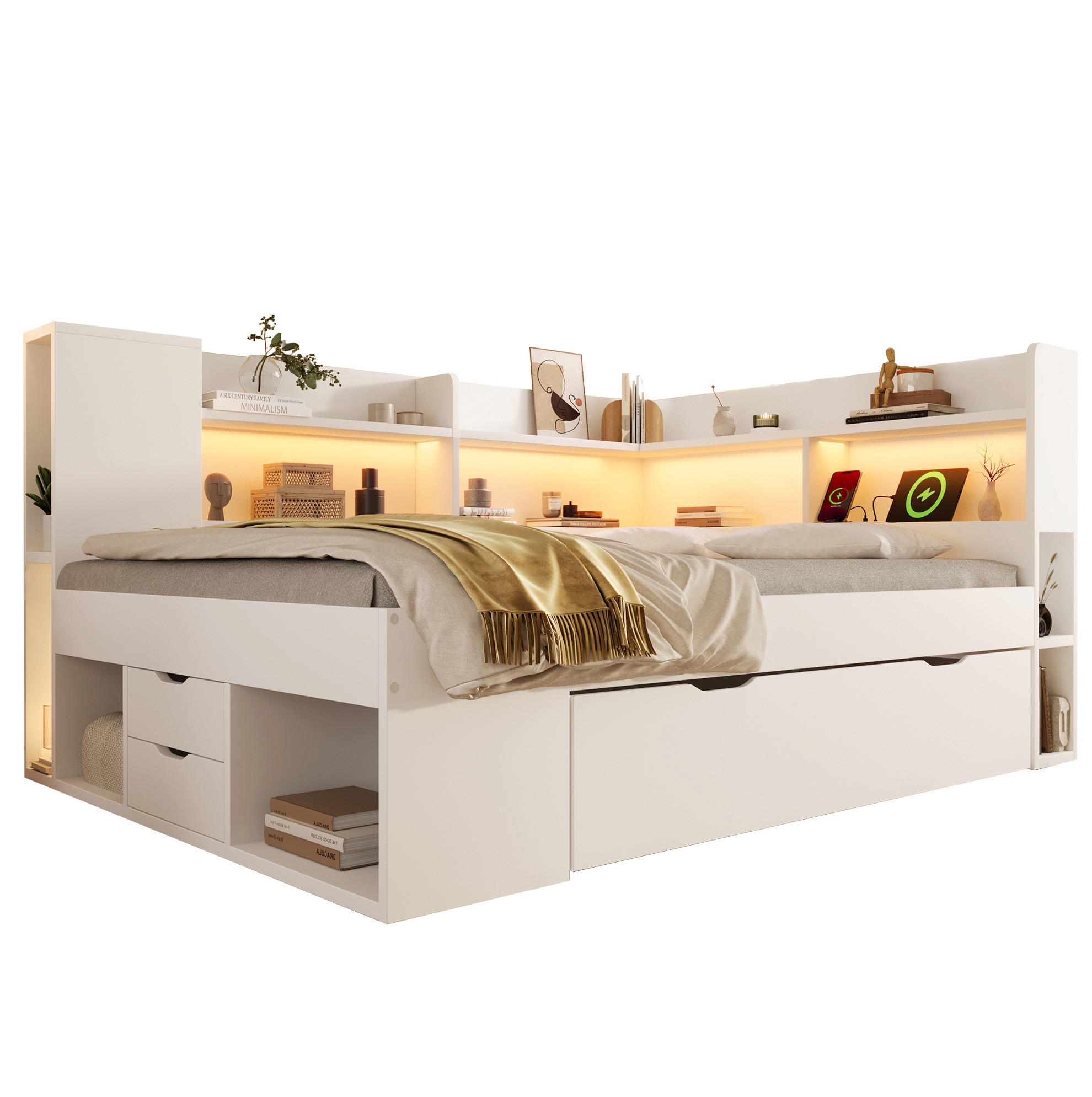POLSTERBETT 90/190 cm mit LED-Beleuchtung, USB- und Typ-C-Anschluss, Stauraum und Lattenrost, Weiß - Weiß, Textil (90/190cm) - Redom