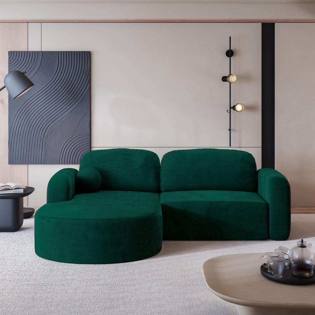 ECKSOFA AMILIA M L-S Grün Velours-Stoff mit Schlaffunktion - Grün, Holz (263/174cm) - MASSENO