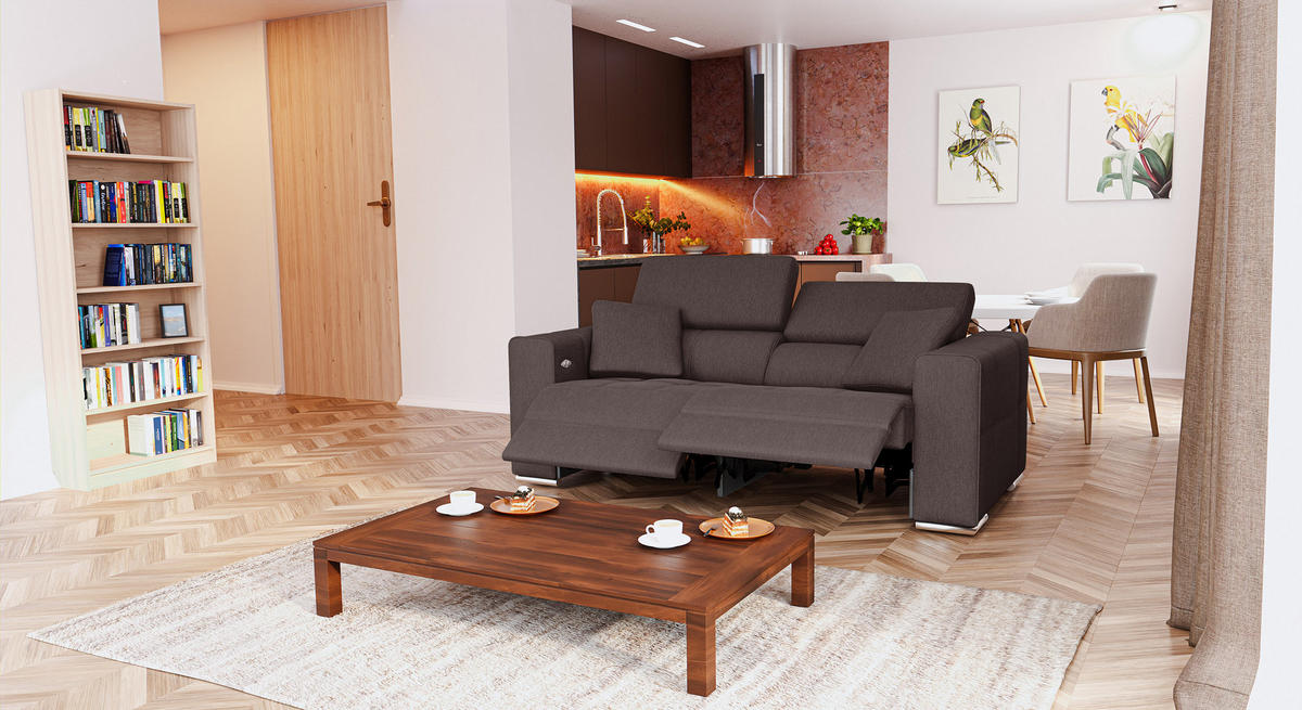 SOFA QUARTZ 3-Sitzer mit 2 Relaxfunktionen, dunkelbraun - Dunkelbraun/Silberfarben, Holzwerkstoff/Textil (204/80/102cm) - Courtois Laville