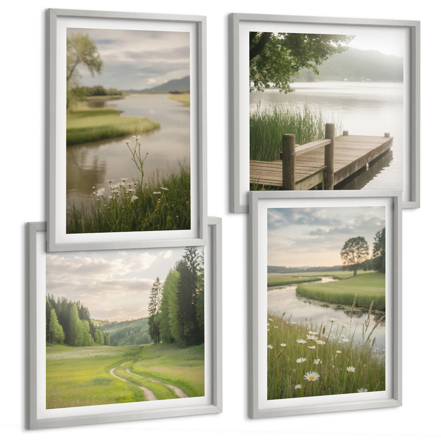 BILDER SET 4er Set - 50x50 cm & 40x60 cm Silberner Rahmen - Sommerlandschaften Flusswiese - Silberfarben, Kunststoff (50/50cm) - TULUP