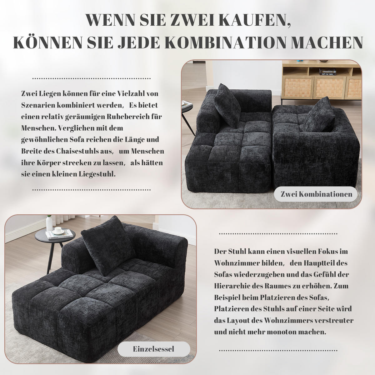 CHAISELONGUE Sofa Chenille mit Seitentaschen und Kissen 158/90/60 cm Schwarz - Schwarz, Textil (60/158/90cm) - Redom