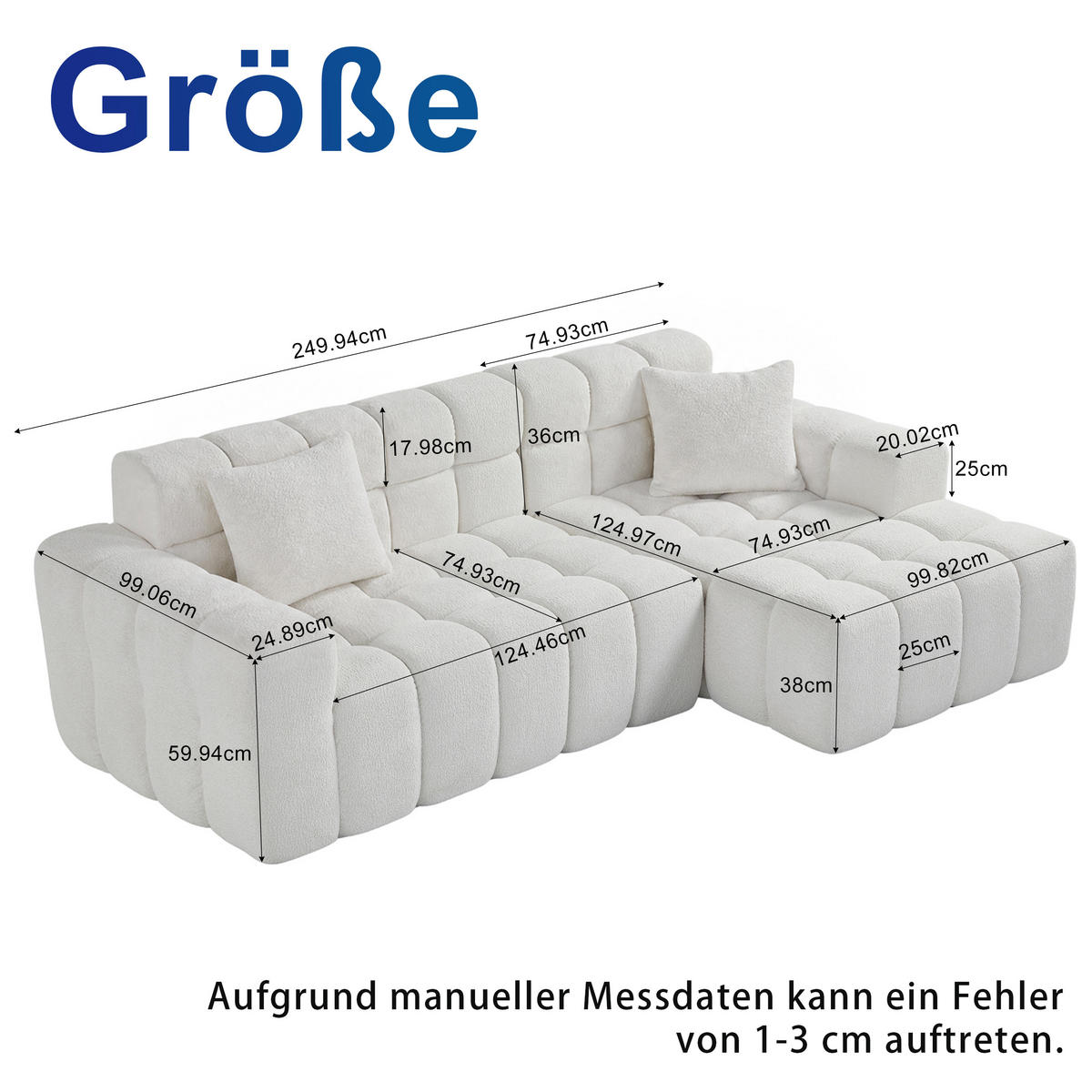 ECKSOFA L-Form 3-Sitzer in Weiß aus Samt mit recht Chaiselongue - Weiß, Textil (249.94/149.1cm) - CHICFURN