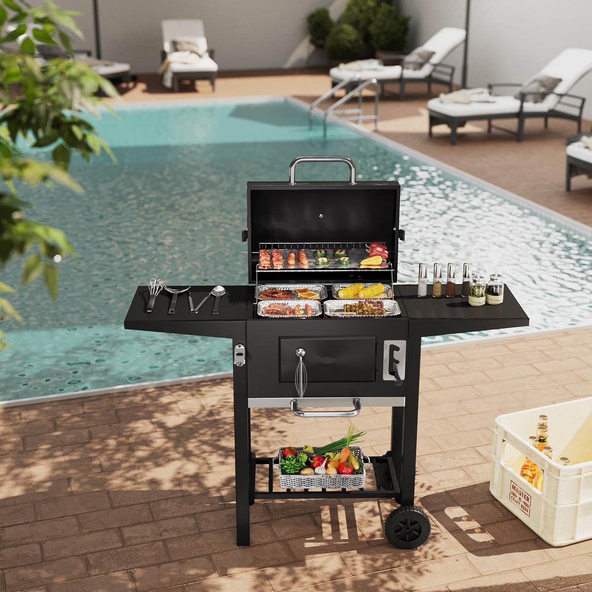 HOLZKOHLEGRILL aus Karbonstahl in Schwarz für das Outdoor-Kochen Belüftung Mobilität 109 cm B × 46 cm T × 106,5 cm H - Schwarz, Metall (109/106.5/46cm) - Livingandhome
