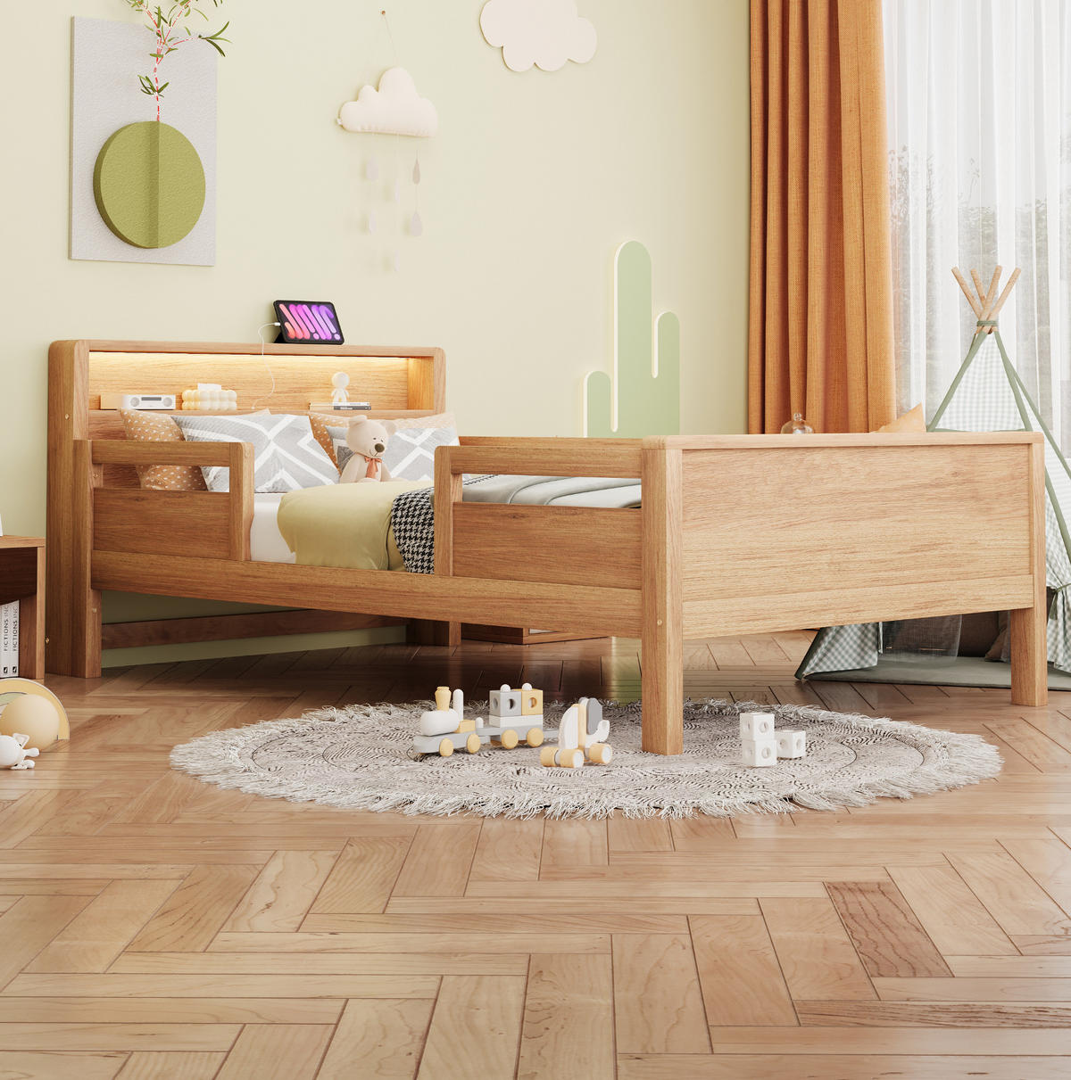 BETT 90/200 cm aus Kiefernholz mit LED, Naturholz - Naturfarben, Holz (90/200cm) - OKMYHOME